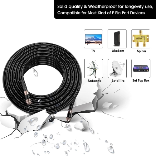 25ft RG6 Black 75 ohm Coaxial Cable with F Connector, F81 Double Female Adapter, Low Loss High-Speed Coax