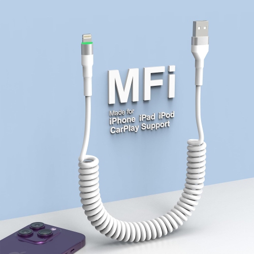 Coiled Lightning Cable White [MFi Certified] [Support Carplay], Apple Carplay Cable Coiled iPhone Charger Cable