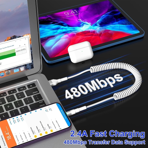 Coiled Lightning Cable White [MFi Certified] [Support Carplay], Apple Carplay Cable Coiled iPhone Charger Cable