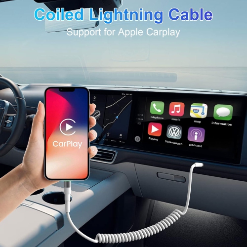 Coiled Lightning Cable White [MFi Certified] [Support Carplay], Apple Carplay Cable Coiled iPhone Charger Cable