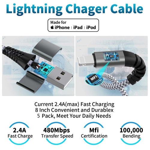 5 Pack Short Lightning Cable(8 Inch), [Apple MFi Certified] iPhone Fast Charging Cable,USB to Lightning High Speed Data