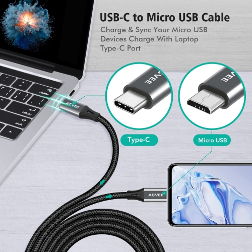 Paquet de 2 câbles USB-C OTG à micro USB de 6 pi, câble de synchronisation de données tressé, adaptateur de câble de chargement pour Galaxy de