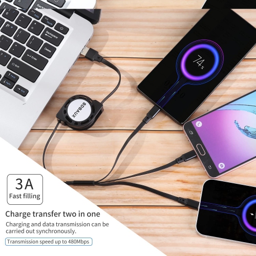 Multi USB Charger Cable Retractable 2Pack 4ft 3 in 1 Multiple Charging Cord Adapter with Type C Micro USB Port