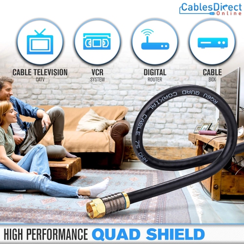 ne 25ft Black Quad Shield RG6 Coax Cable F Pin Coaxial Tip BNC Extension Wire for Satellite Dish