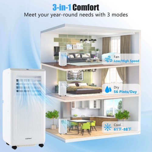 Costway 6500 BTU(10000 BTU ASHRAE) Portable Air Conditioner 3-in-1 Freestanding Air Cooler with Dehumidifier
