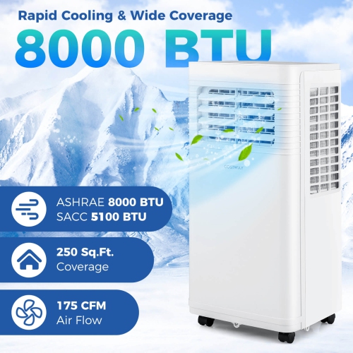Costway Portable Air Conditioner 8000 BTU 3 in 1 AC Unit with Fan & Dehumidifier Sleep Mode 5100 BTU(8000BTU ASHRAE)