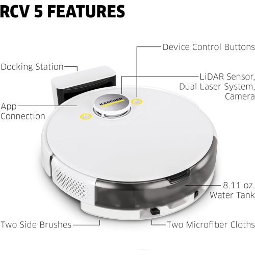 Kärcher - RCV 5 Robot Vacuum Cleaner with Mop Function 5000Pa - Remote Control via App, LiDar Navigation, Dual Laser and AI - Floor Mapping, Obstacle
