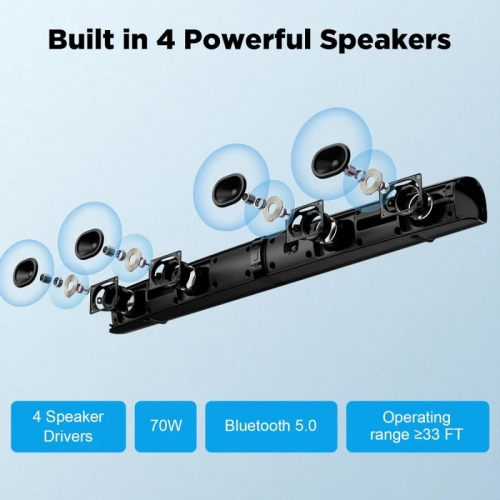 70W Sound Bar for Smart TV - 5.0 Bluetooth, Auto Volume Boost, ARC/Optical/AUX, 2-in-1 Detachable Soundbar, Wired & Wireless Connection