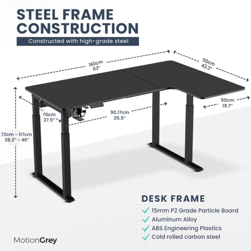 MotionGrey Pro Adjustable Right L-Shaped Electric Standing Desk with Memory Settings - 63"x43" Black Top Black Frame - Ergonomic Desk for Home and