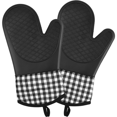 Image 1 of 4.. Charmount 39.88 x 24.99 x 1.27 cm Set of Two Silicone Oven Mitts that are Heat Resistant up to 500°F Black White