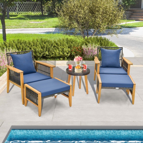COSTWAY  5 PCs Patio Acacia Wood Wicker Woven Furniture Set With Coffee Table & 2 Ottomans