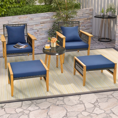 Costway 5 Pcs Patio Acacia Wood Wicker Woven Furniture Set with Coffee Table & 2 Ottomans