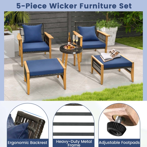 Costway 5 Pcs Patio Acacia Wood Wicker Woven Furniture Set with Coffee Table & 2 Ottomans