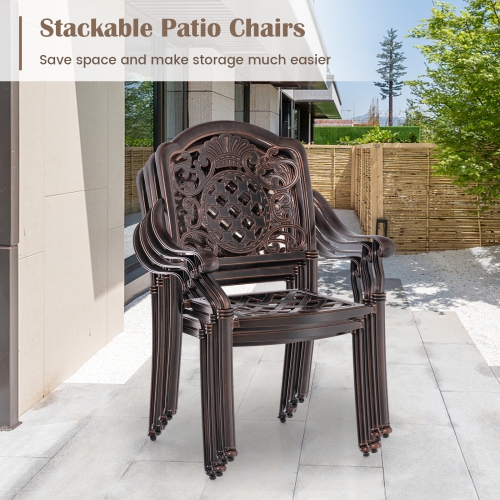 Costway 4 PCS Patio Cast Aluminum Chairs Outdoor Metal Armchairs with Ergonomic Curved Seat Red Copper