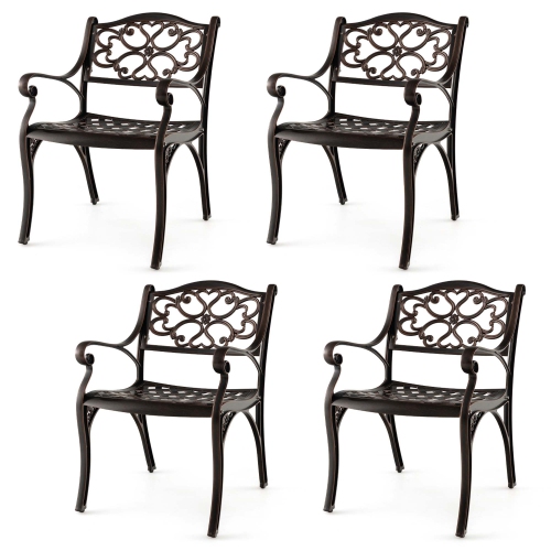 COSTWAY  4 PCs Cast Aluminum Patio Chairs Set Of 4 Outdoor Dining With Armrests & Curved Seats Bronze