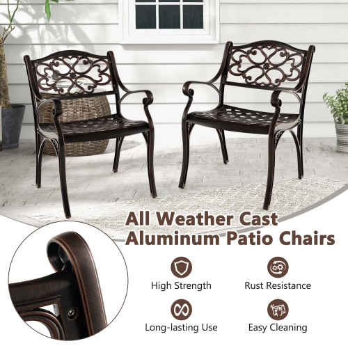 Costway 4 PCS Cast Aluminum Patio Chairs Set of 4 Outdoor Dining with Armrests & Curved Seats Bronze