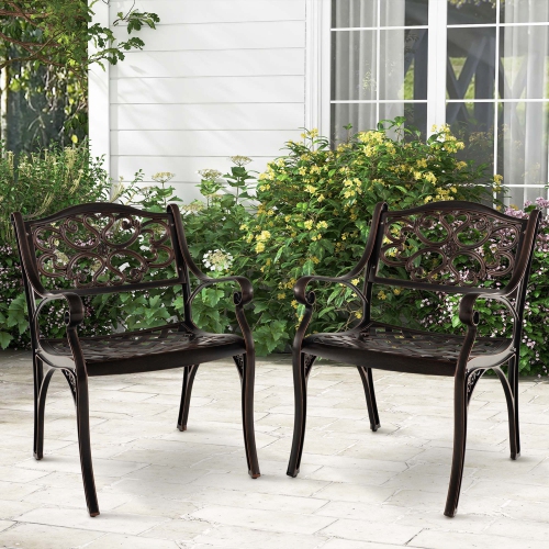 COSTWAY  2 PCs Cast Aluminum Patio Chairs Set Of 2 Outdoor Dining With Armrests & Curved Seats Bronze