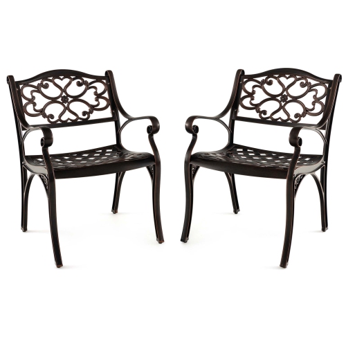 Costway 2 PCS Cast Aluminum Patio Chairs Set of 2 Outdoor Dining with Armrests & Curved Seats Bronze