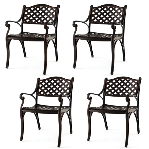 Costway 4 PCS Cast Aluminum Patio Chairs Set of 4 All Weather Outdoor Dining Chairs with Armrests Bronze