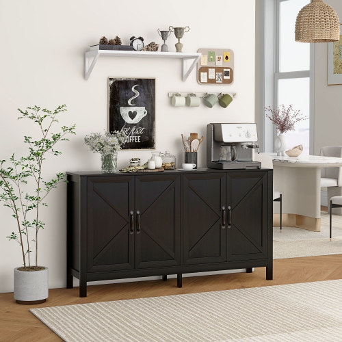 HOMCOM Farmhouse Kitchen Storage Cabinet, Sideboard Buffet Cabinet with 4 Barn Doors and Adjustable Shelves, Black Oak
