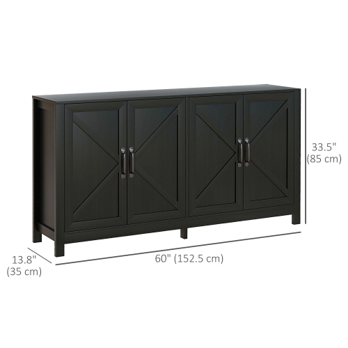 HOMCOM Farmhouse Kitchen Storage Cabinet, Sideboard Buffet Cabinet with 4 Barn Doors and Adjustable Shelves, Black Oak