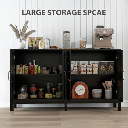 HOMCOM Farmhouse Kitchen Storage Cabinet, Sideboard Buffet Cabinet with 4 Barn Doors and Adjustable Shelves, Black Oak