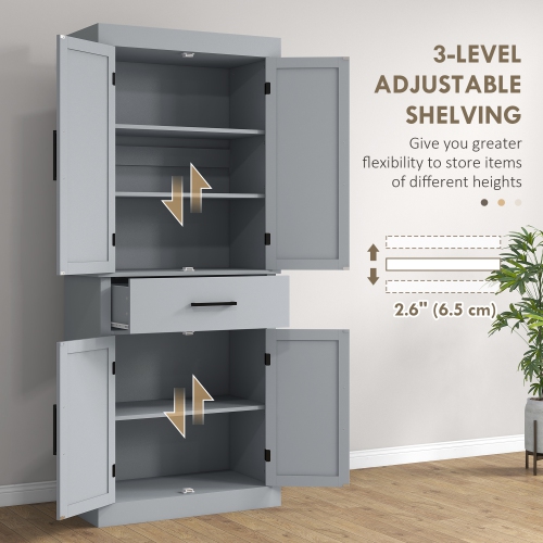HOMCOM 72" Tall Kitchen Pantry Cabinet, Farmhouse Style Buffet Storage Cabinet, Freestanding, 4 Doors, 5-Tier Shelving, Drawer, Adjustable Shelves,