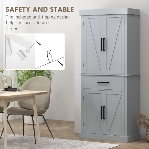 HOMCOM 72" Tall Kitchen Pantry Cabinet, Farmhouse Style Buffet Storage Cabinet, Freestanding, 4 Doors, 5-Tier Shelving, Drawer, Adjustable Shelves,