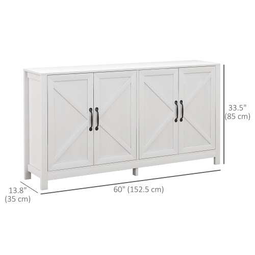 HOMCOM Farmhouse Kitchen Storage Cabinet, Sideboard Buffet Cabinet with 4 Barn Doors and Adjustable Shelves, White