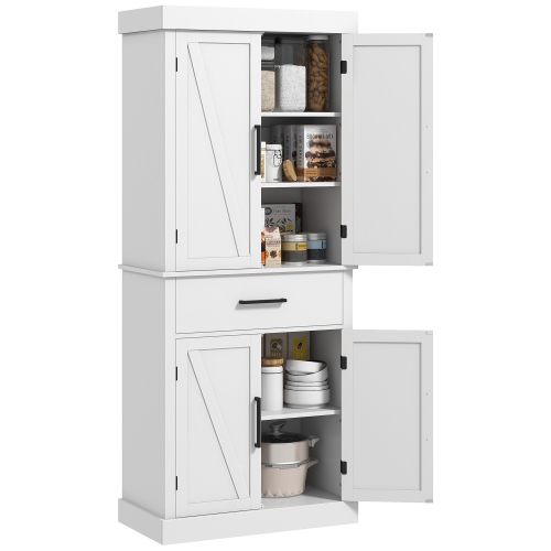 HOMCOM 72" Tall Kitchen Pantry Cabinet, Farmhouse Style Buffet Storage Cabinet, Freestanding, 4 Doors, 5-Tier Shelving, Drawer, Adjustable Shelves,