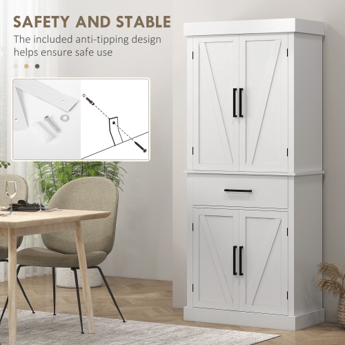 HOMCOM 72" Tall Kitchen Pantry Cabinet, Farmhouse Style Buffet Storage Cabinet, Freestanding, 4 Doors, 5-Tier Shelving, Drawer, Adjustable Shelves,