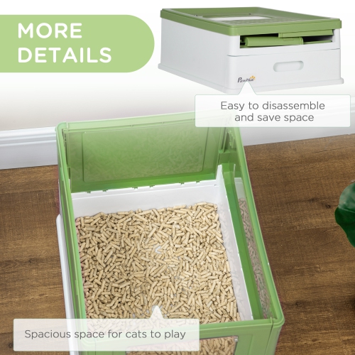 PawHut Cat Litter Box, Enclosed Foldable Kitty Litter Box with Scoop, Tray, Front & Top Entry, Large Space, Portable Design, Dark Green