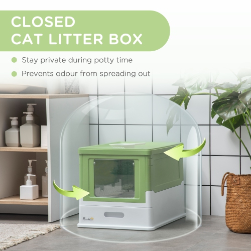 PawHut Cat Litter Box, Enclosed Foldable Kitty Litter Box with Scoop, Tray, Front & Top Entry, Large Space, Portable Design, Dark Green
