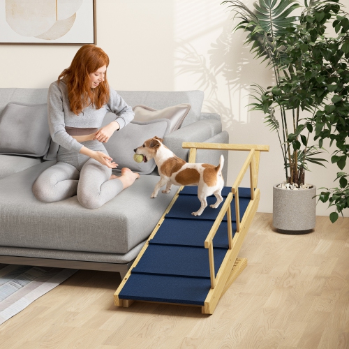 PawHut Dog Stairs, Adjustable Pet Stairs, Foldable Dog Steps with Non-slip Mat, Safety Railings, for Small to Large Dogs for High Bed Sofa Couch,