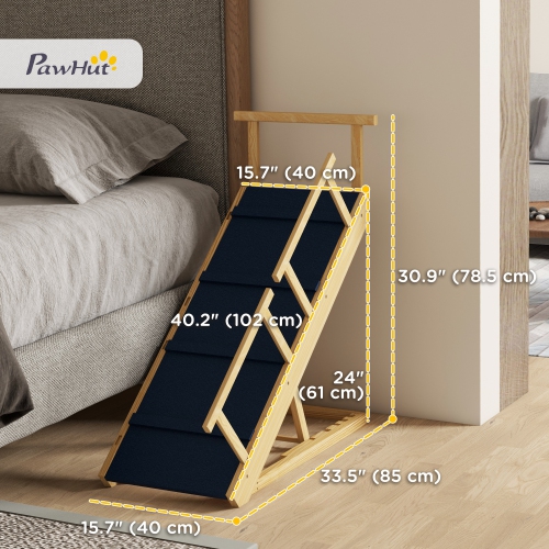 PawHut Dog Stairs, Adjustable Pet Stairs, Foldable Dog Steps with Non-slip Mat, Safety Railings, for Small to Large Dogs for High Bed Sofa Couch,