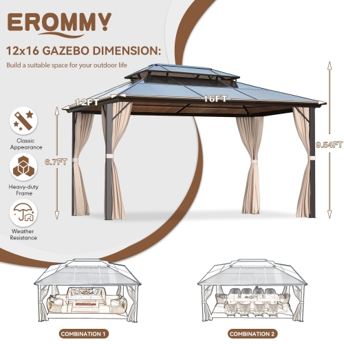 Erommy 12' x 16' Outdoor Hardtop Patio Gazebo Pergola w/Aluminum Frame, Prime Curtains and Nettings include