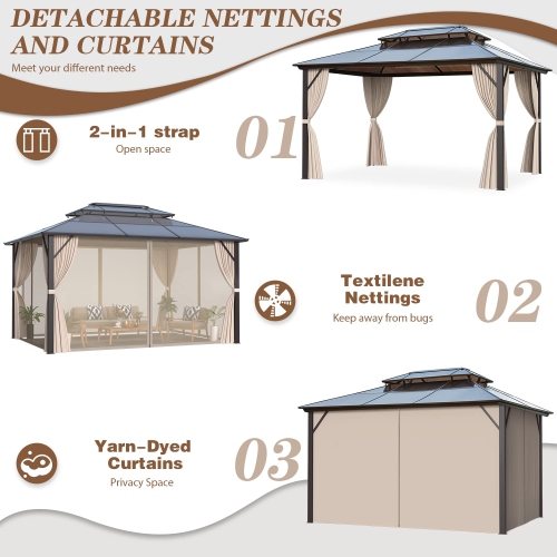 Erommy 12' x 16' Outdoor Hardtop Patio Gazebo Pergola w/Aluminum Frame, Prime Curtains and Nettings include