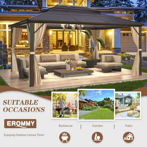 Erommy 12' x 16' Outdoor Hardtop Patio Gazebo Pergola w/Aluminum Frame, Prime Curtains and Nettings include