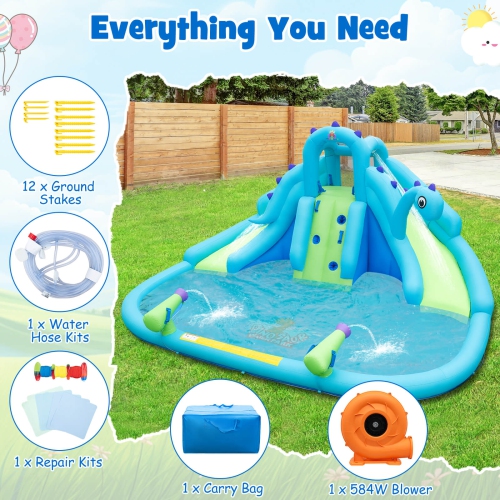 Costway Inflatable Water Slide, Blowup Water Park with Dual Slides & 584W Blower