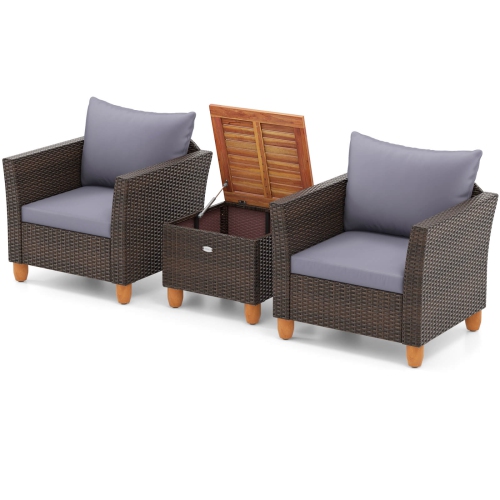 Costway 3 PCS Outdoor Patio Rattan Bistro Furniture Set Wooden Table Top Cushioned Sofa Gray/Black/Beige/Navy