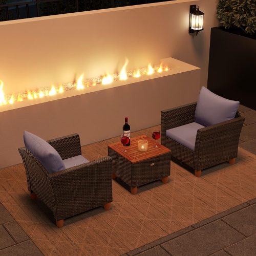 Costway 3 PCS Outdoor Patio Rattan Bistro Furniture Set Wooden Table Top Cushioned Sofa Gray/Black/Beige/Navy