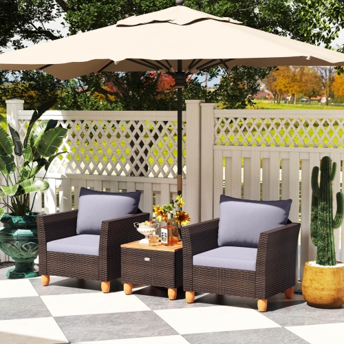 Costway 3 PCS Outdoor Patio Rattan Bistro Furniture Set Wooden Table Top Cushioned Sofa Gray/Black/Beige/Navy