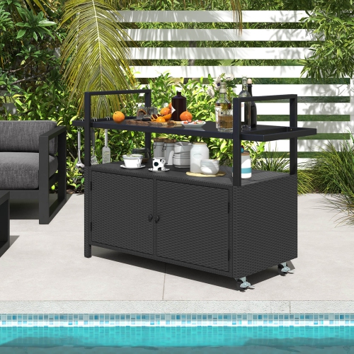 Costway Outdoor Bar Cart with Tempered Glass Top Storage Cabinet & 8 Hooks for Porch