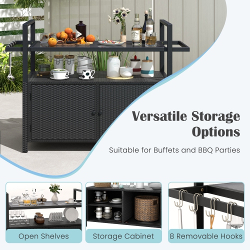 Costway Outdoor Bar Cart with Tempered Glass Top Storage Cabinet & 8 Hooks for Porch