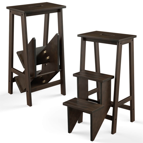 Costway 3 Tier Folding Step Stool 3-in-1 Rubber Wood Ladder Storage Shelf