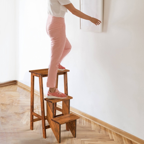 Costway 3 Tier Folding Step Stool 3-in-1 Rubber Wood Ladder Storage Shelf