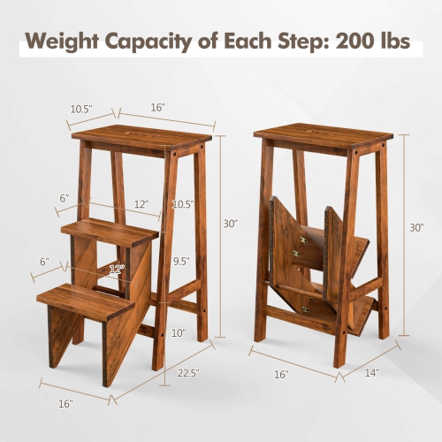 Costway 3 Tier Folding Step Stool 3-in-1 Rubber Wood Ladder Storage Shelf