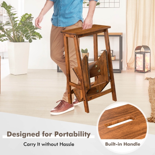 Costway 3 Tier Folding Step Stool 3-in-1 Rubber Wood Ladder Storage Shelf