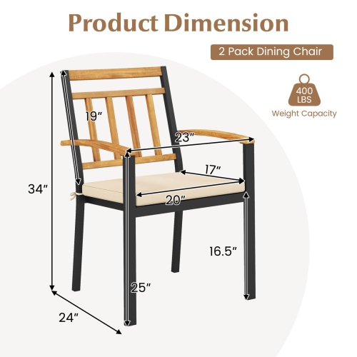 Costway Patio Dining Chairs Set of 2 Metal Outdoor Chairs with Removable Padded Cushions
