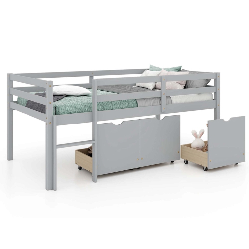 COSTWAY  Twin Size Low Loft Bed With 3 Drawers Ladder & Full-Length Guardrails Storage